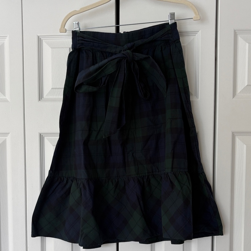 J. Crew Black Watch Plaid Navy and Green A-Line Skirt with Bow